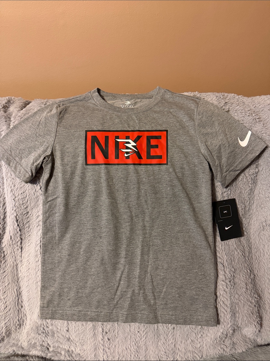 Nike Kids Gray Short-Sleeve Logo Tee With Red Graphic